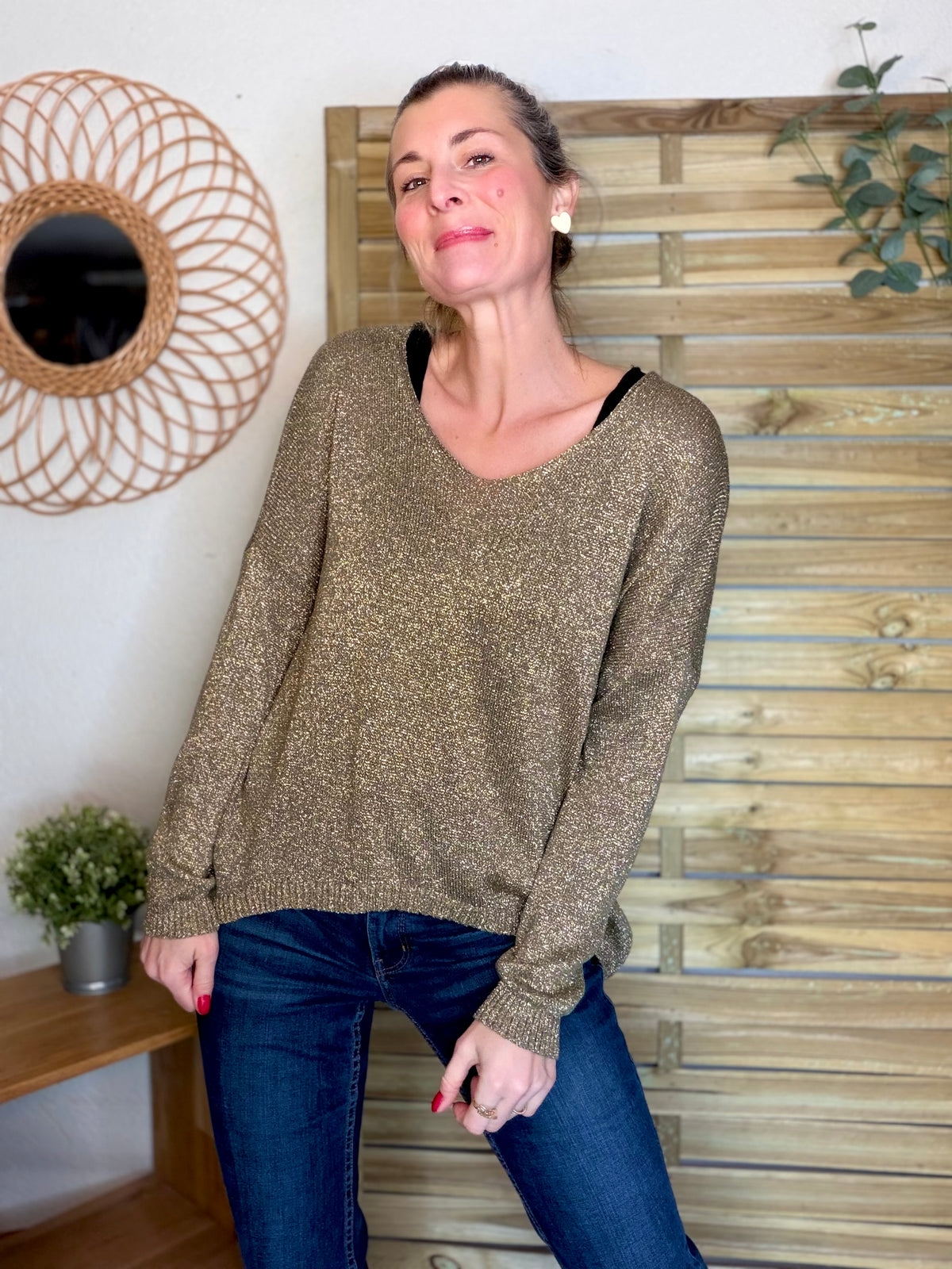 Pull maille lurex et étoile ⭐️ POLLY - Kaki / Doré - FIN DE SÉRIE