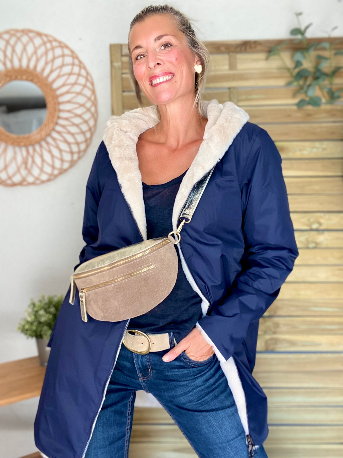 LAURA JO - Parka Imperméable réversible fourrée Bleu marine / Beige ALIX Long