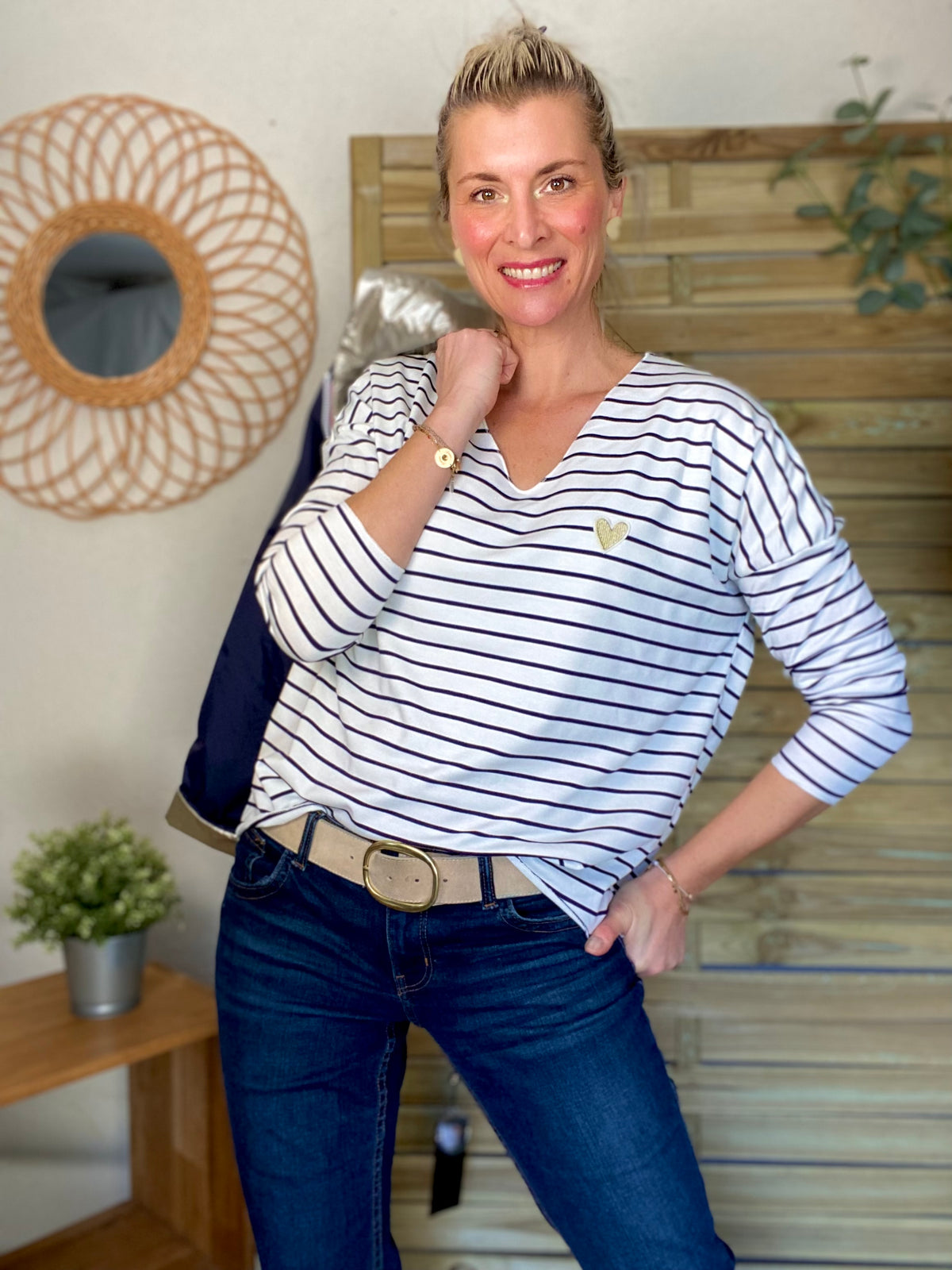 Pull fin rayé col V avec ou sans coeur doré 💛 NOLWENN - Bleu marine