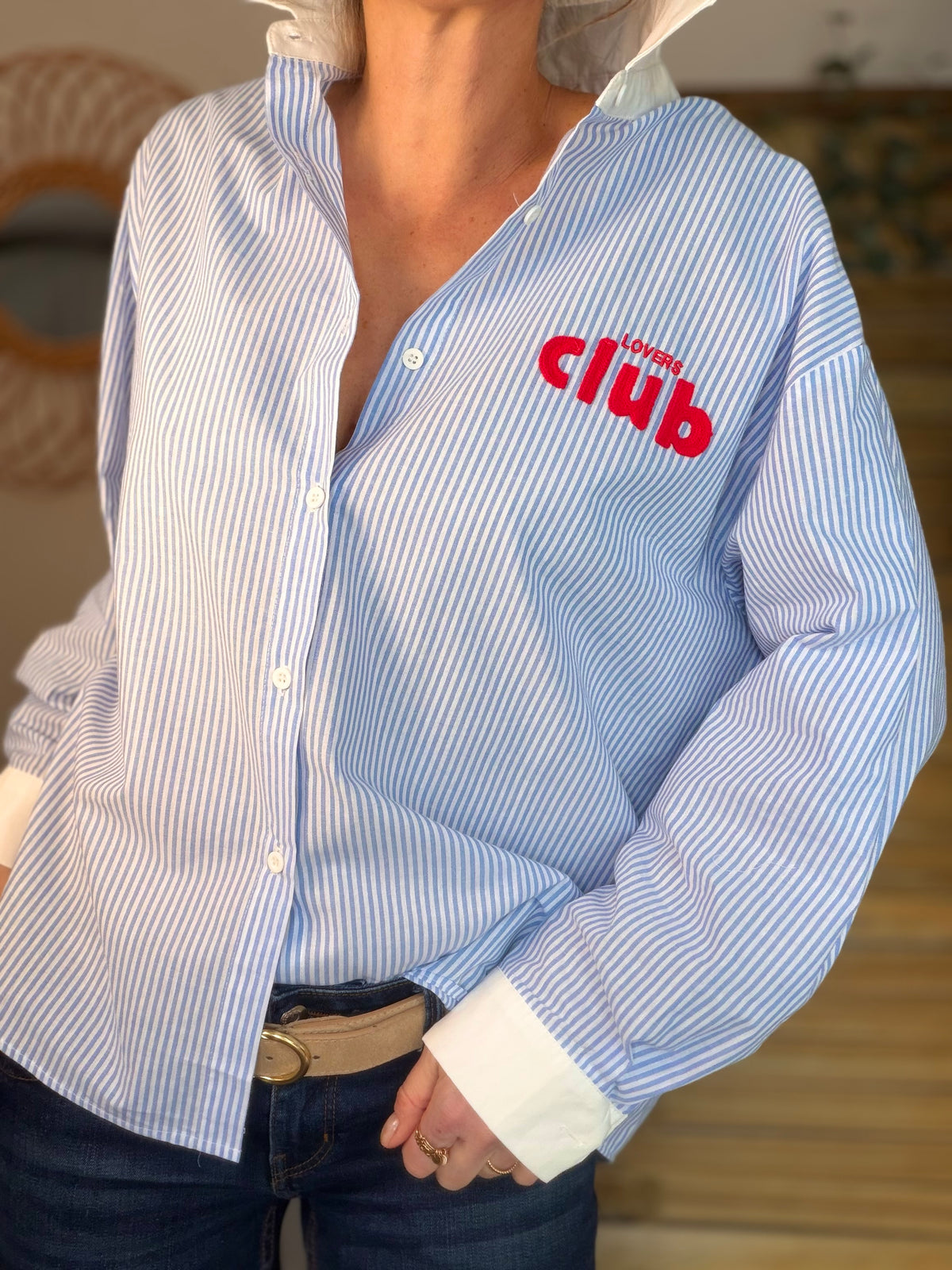 Chemise bleue rayée brodée CAFÉ LOVERS CLUB - LISA - FIN DE SÉRIE