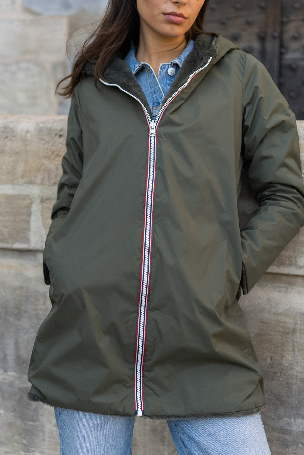 LAURA JO - Parka Imperméable réversible fourrée Kaki / Kaki ALIX Long • DÉSTOCKAGE sur Taille S