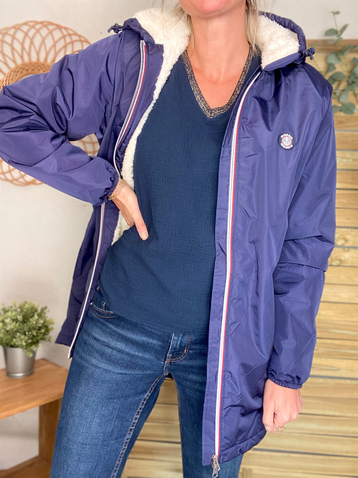 Parka Imperméable moumoute sherpa unisexe JEAN.NE - LE PETIT BRETON - Bleu Marine (Taille très grand) - FIN DE SÉRIE