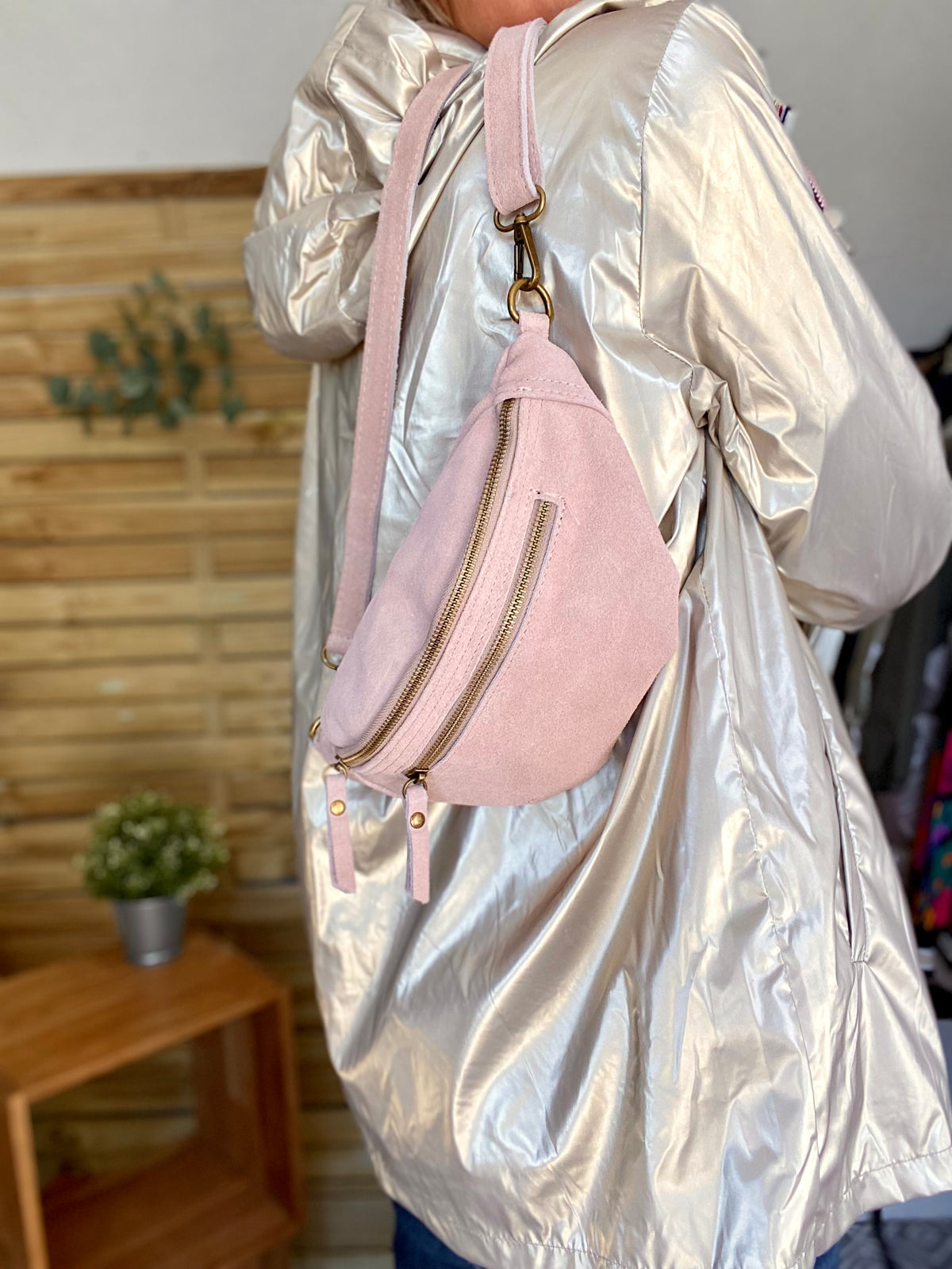 Sac banane double poche en cuir daim - OPALINE - Rose clair / Vieux rose