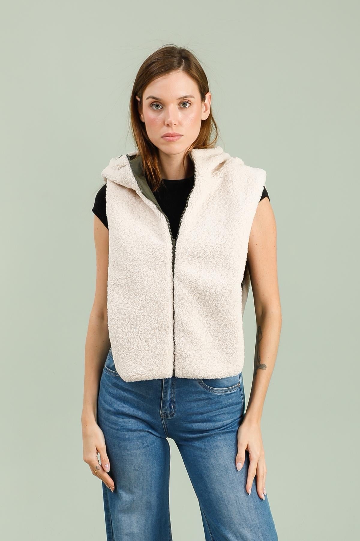 LAURA JO - Col capuche amovible réversible TONY - Kaki / Sherpa écru