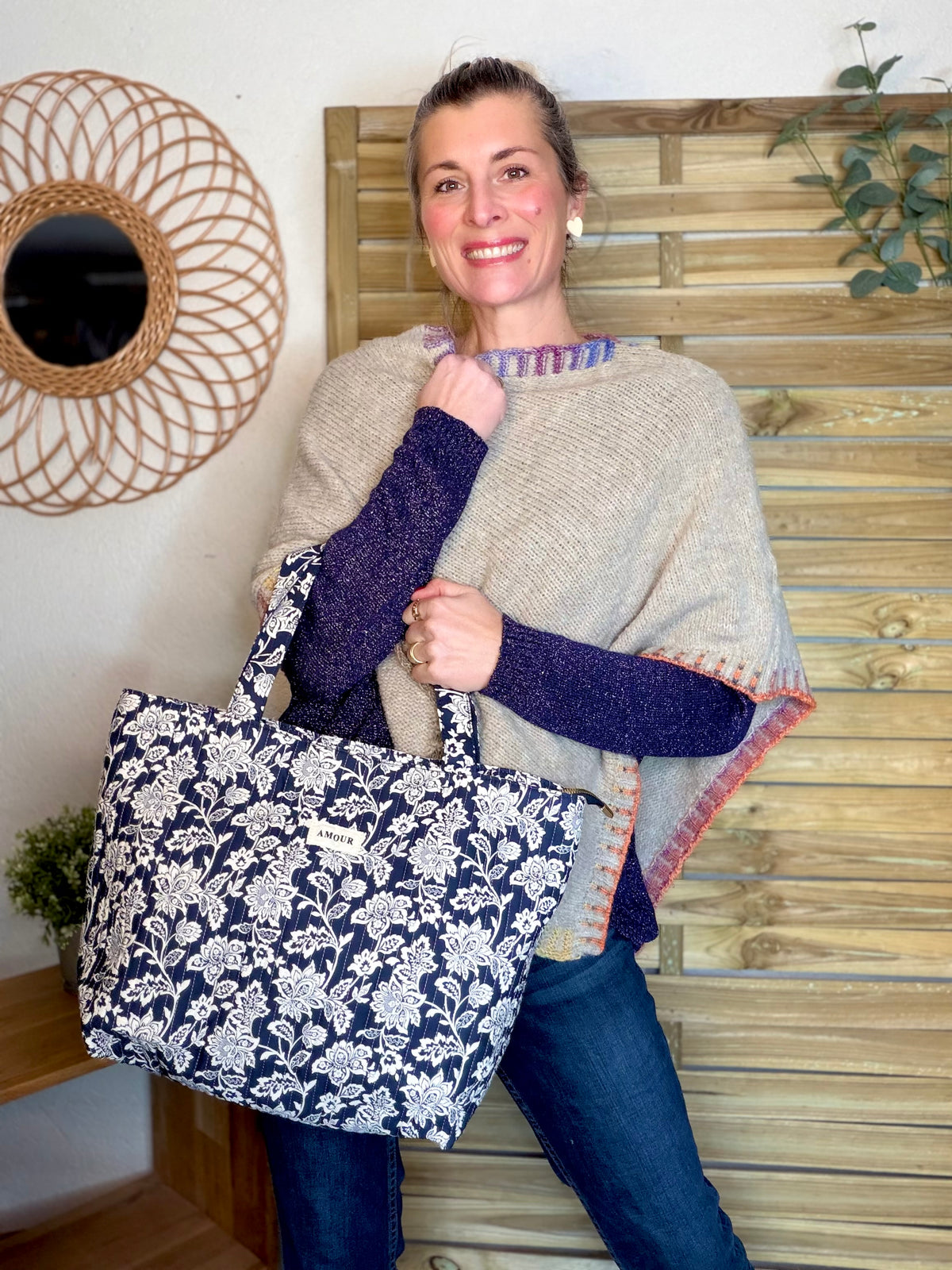Sac cabas imprimé PIERCE - fleuri marine - FIN DE SÉRIE
