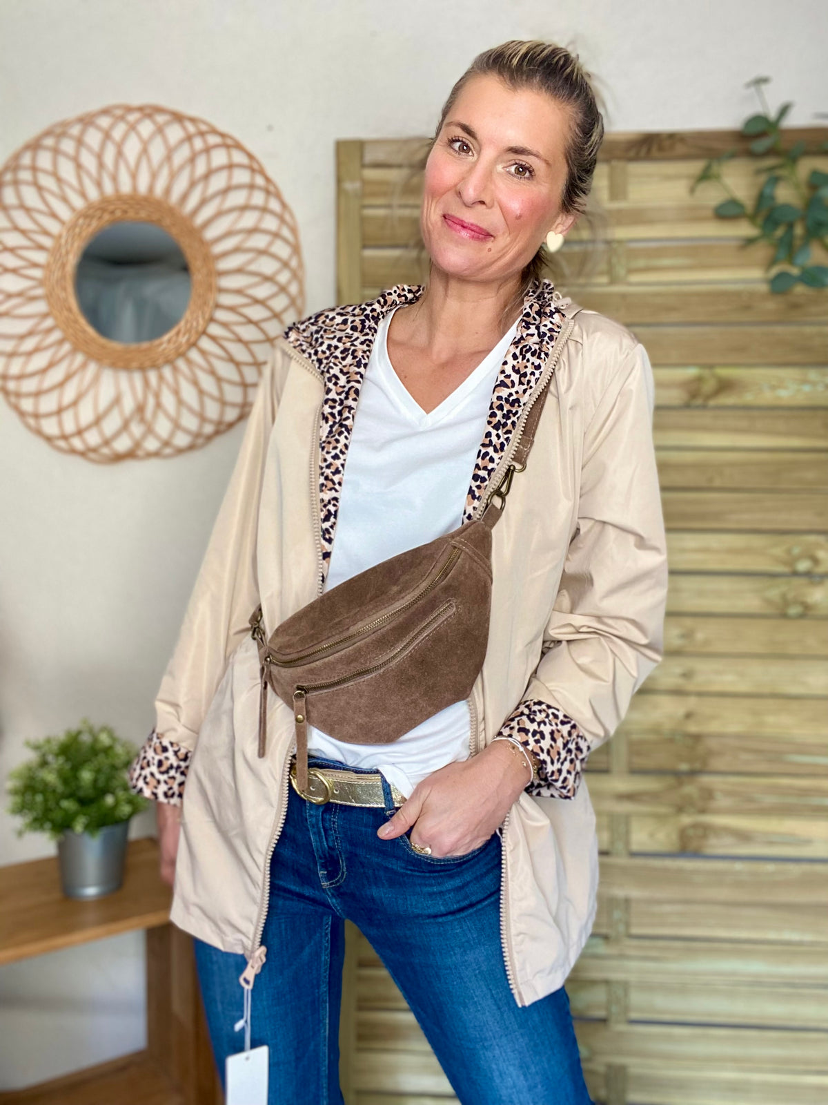 Sac banane double poche en cuir daim - OPALINE - Taupe