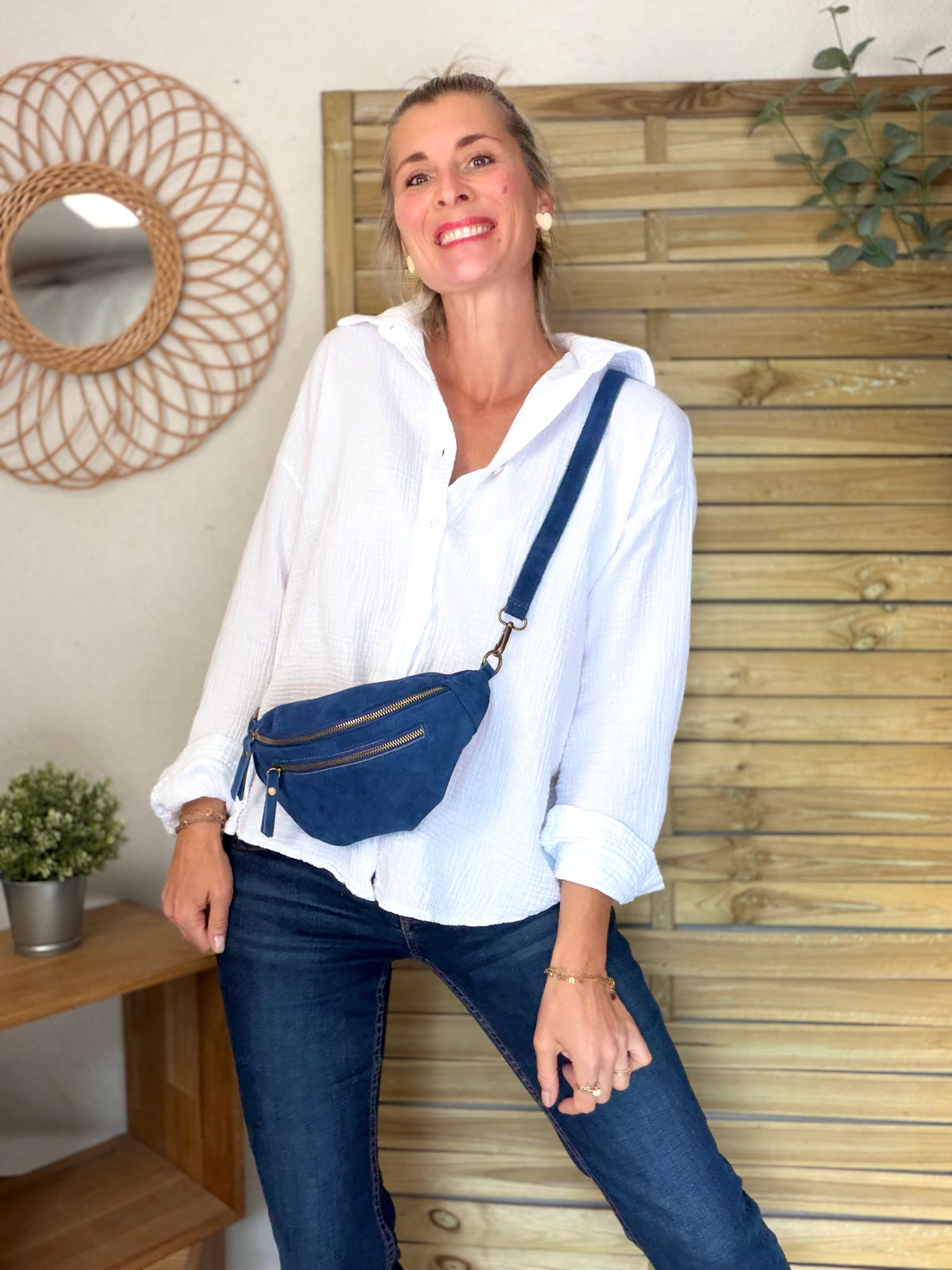 Sac banane double poche en cuir daim - OPALINE - Bleu jean
