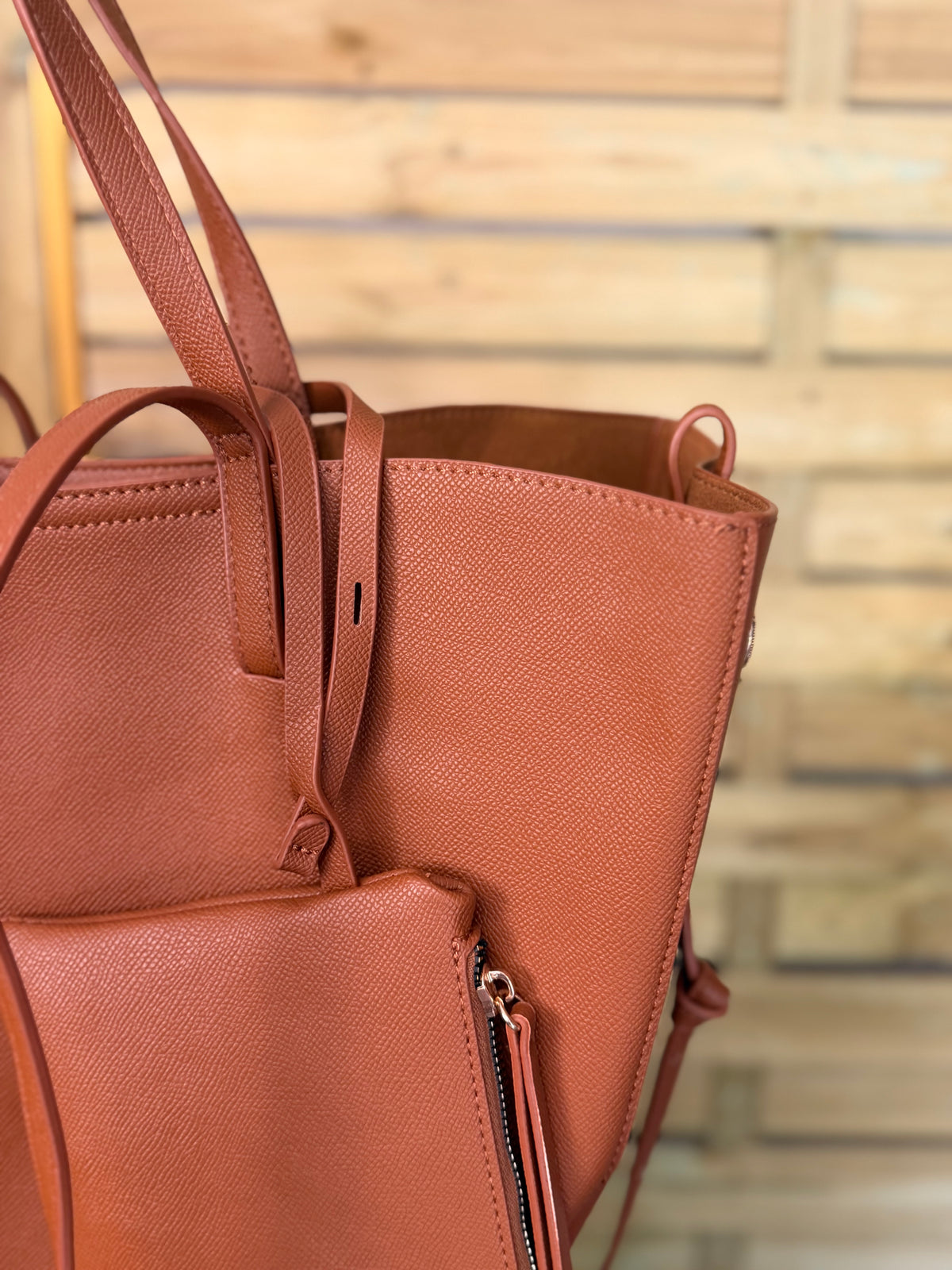 Grand Sac cabas 2 en 1 en simili cuir grainé - PAULE Camel grainé