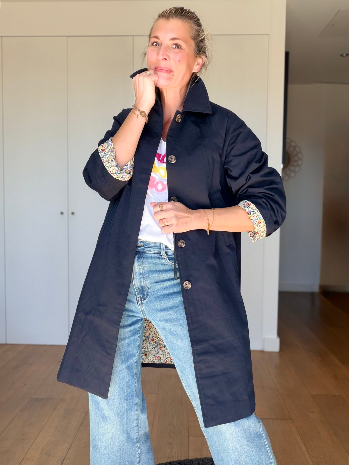 Veste Trench en coton Bleu marine avec Liberty - MAHAUT MI LONG - LILI et LALA (DÉSTOCKAGE sur Taille S)
