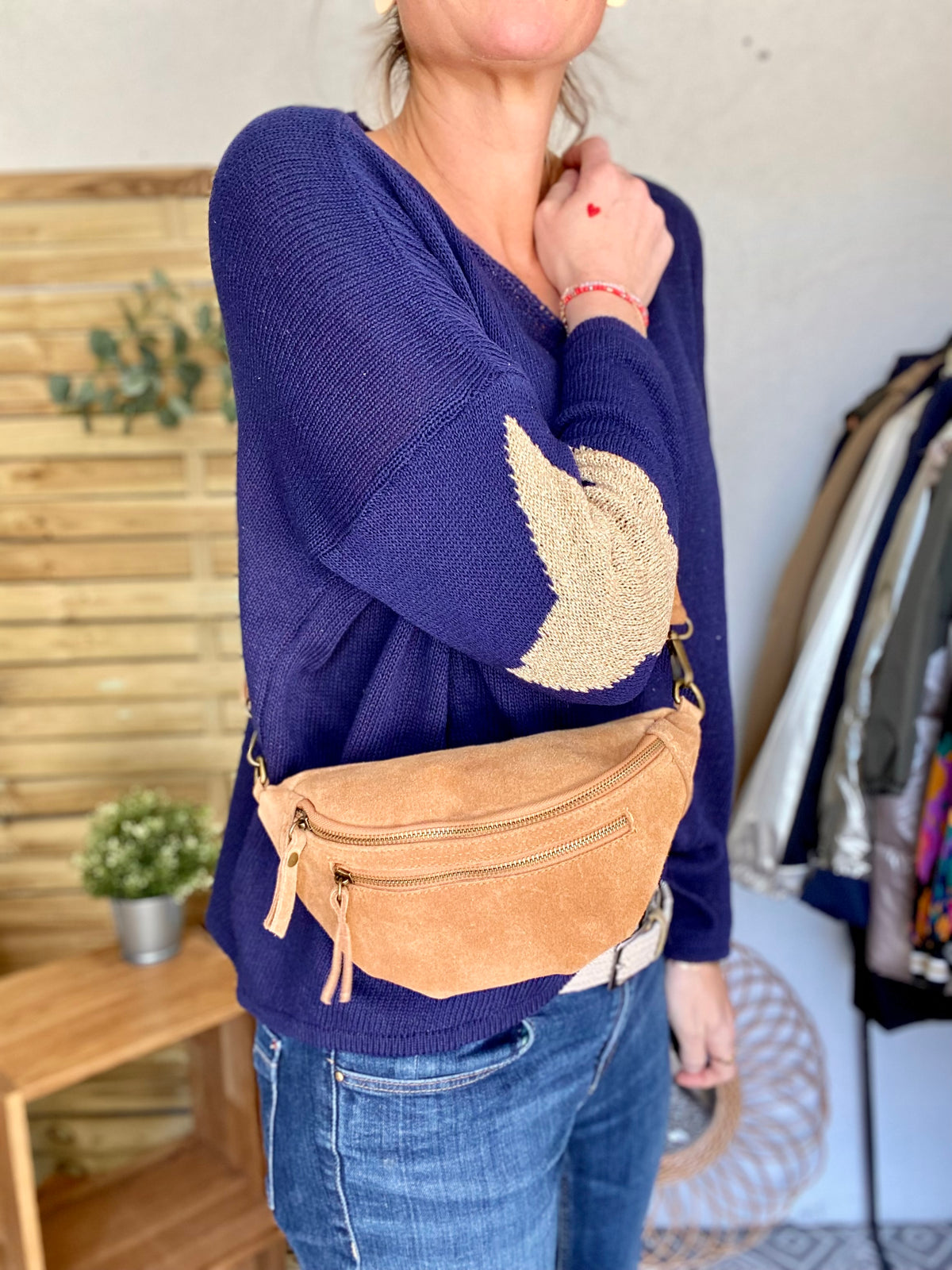 Sac banane double poche en cuir daim - OPALINE - Camel