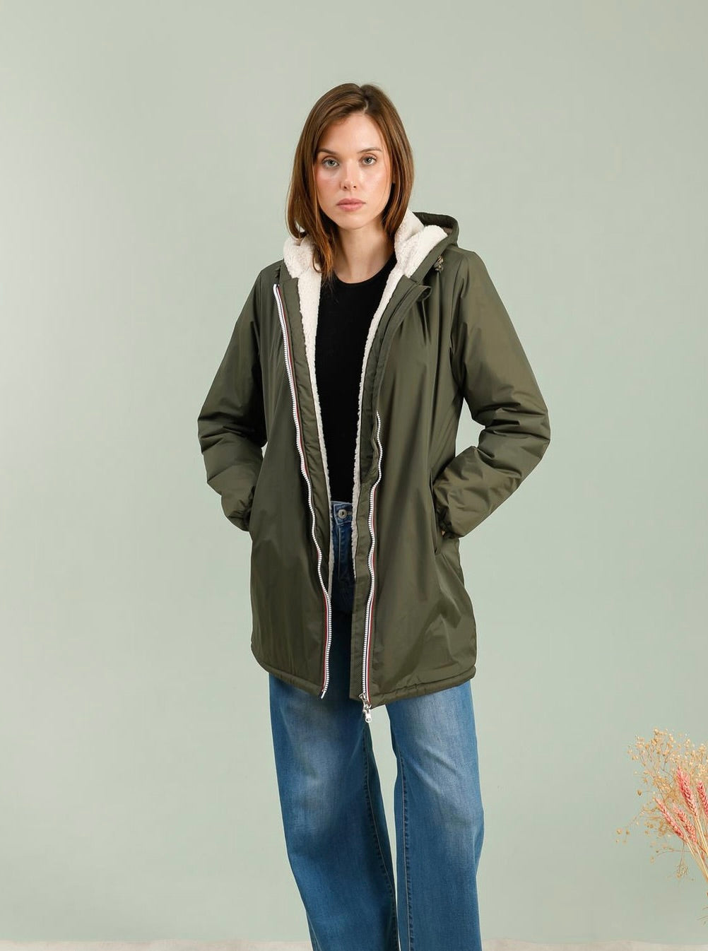 LAURA JO - Parka Imperméable LOUISE LONG Sherpa écru - Kaki • DÉSTOCKAGE sur taille S