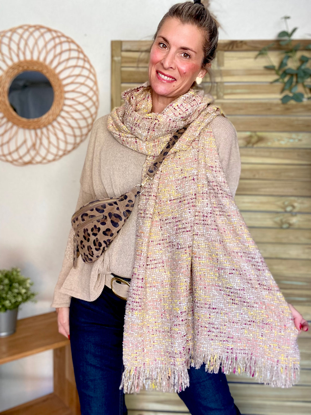 Écharpe douce en laine avec lurex ODILE - Taupe Rose (3 coloris)
