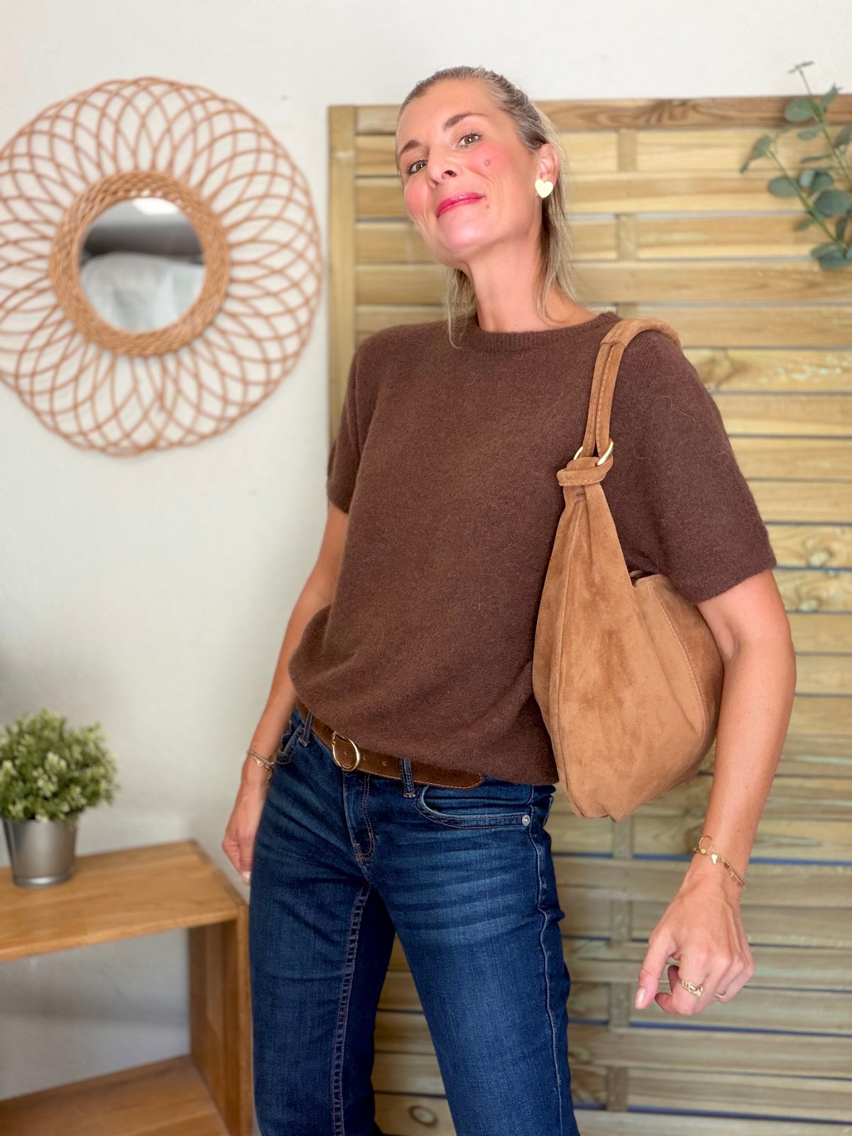 Sac besace hobo en cuir daim souple avec anneaux WILLIAM - Camel