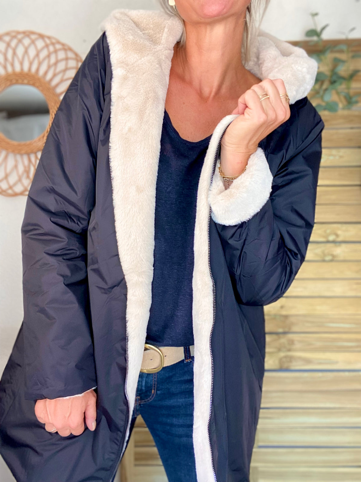 LAURA JO - Parka Imperméable réversible fourrée Noir / Beige ALIX long