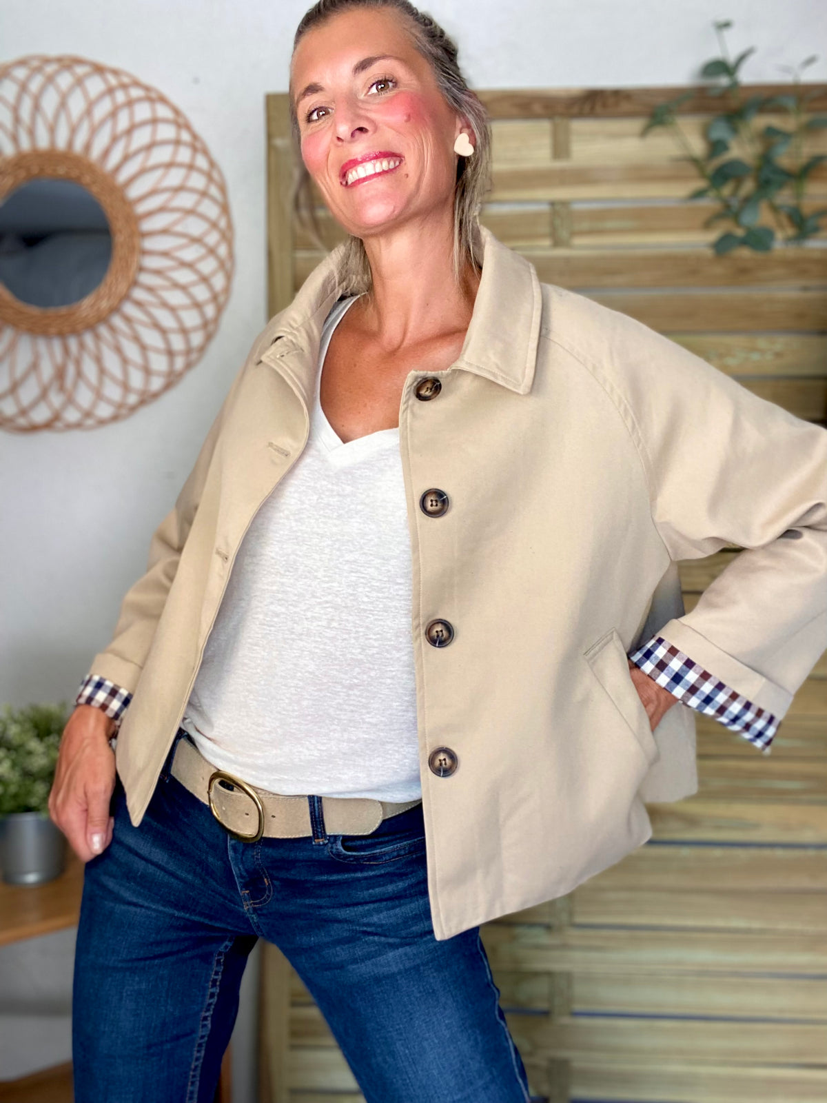 Veste Trench en coton, revers carreaux - YSEULT court Beige