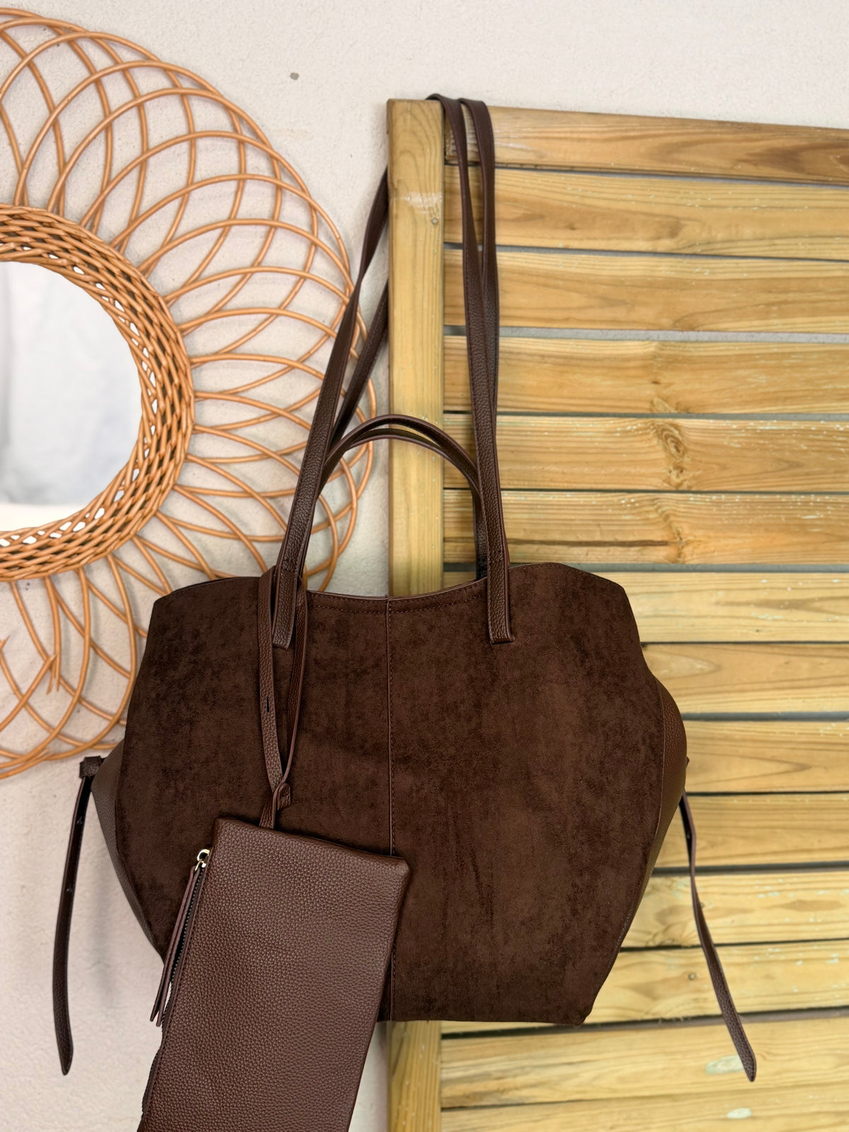 Grand Sac cabas 2 en 1 en simili daim - PAULE Chocolat