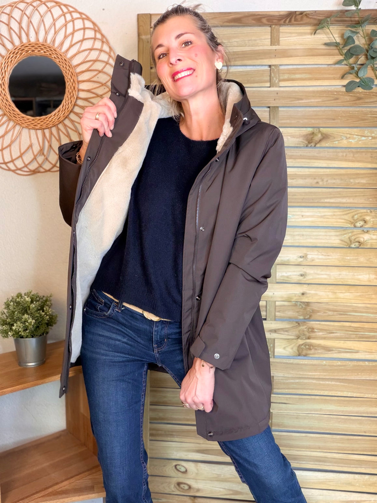 LAURA JO - Parka fourrée imperméable AMBRE LONG - Chocolat / Beige
