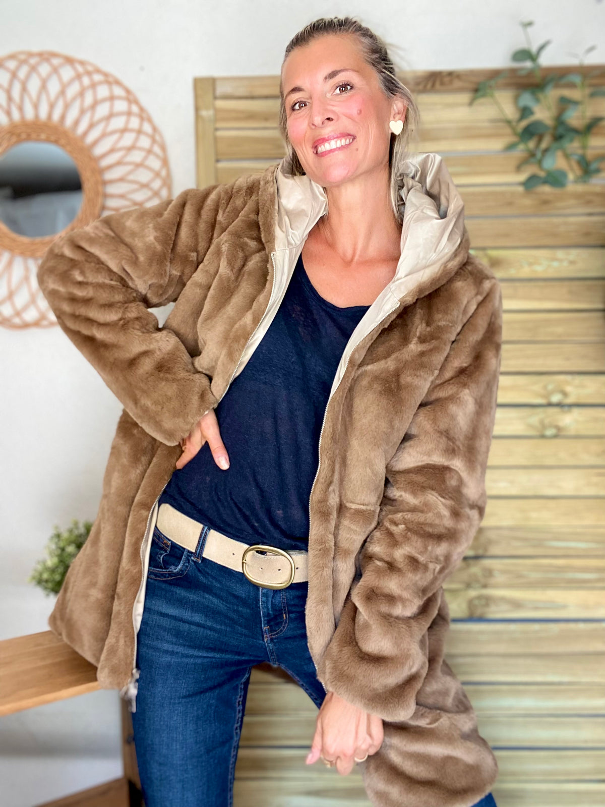 LAURA JO - Parka Imperméable réversible fourrée Sable irisé / Camel ALIX Long