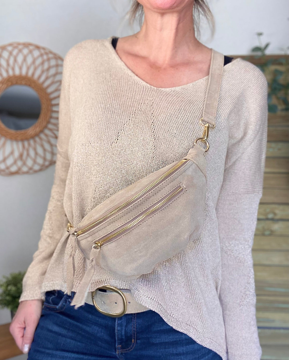 Sac banane double poche en cuir daim - OPALINE - Beige