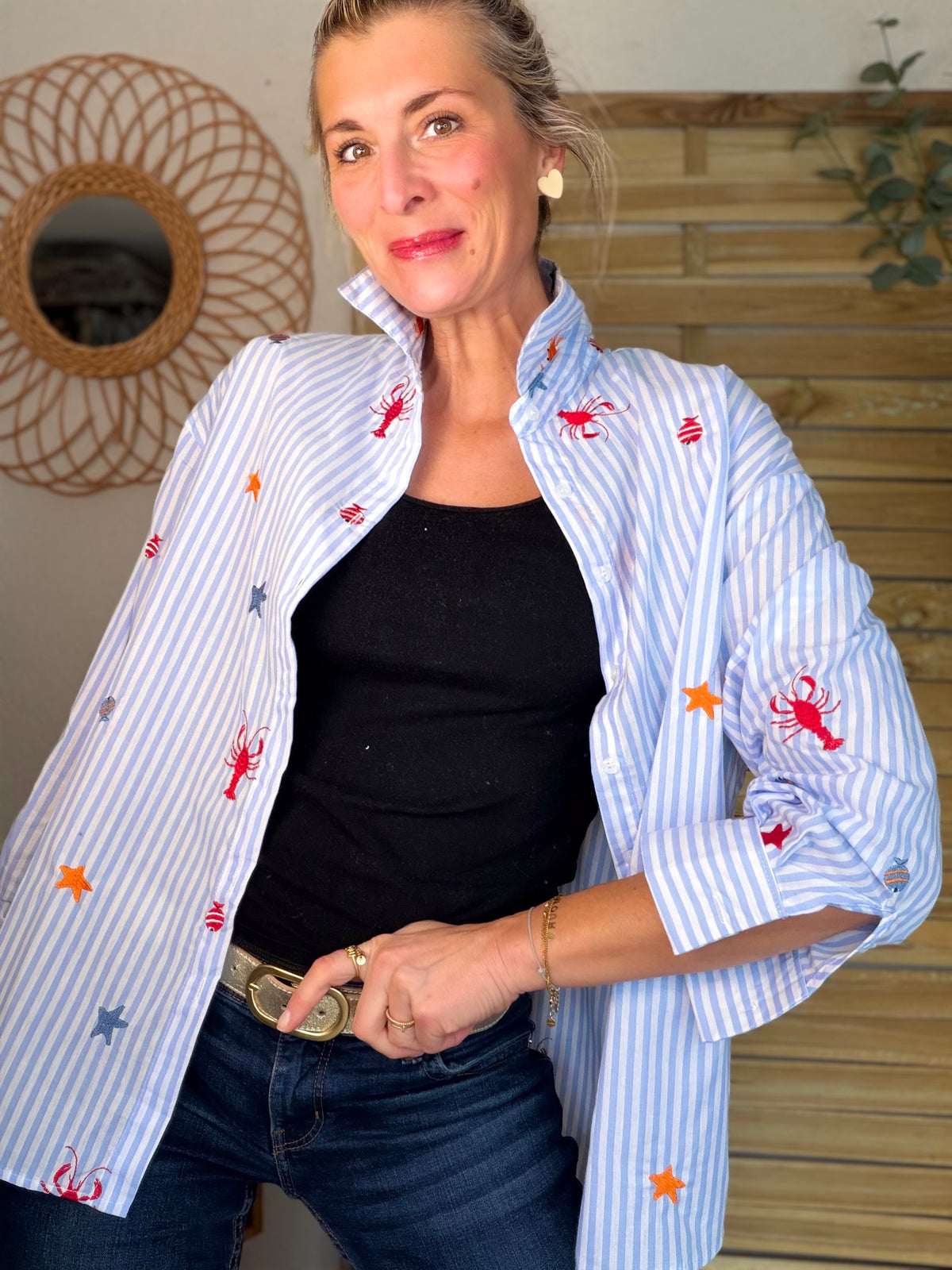 Chemise bleue à rayures coquillages et crustacés - ELORY - FIN DE SÉRIE