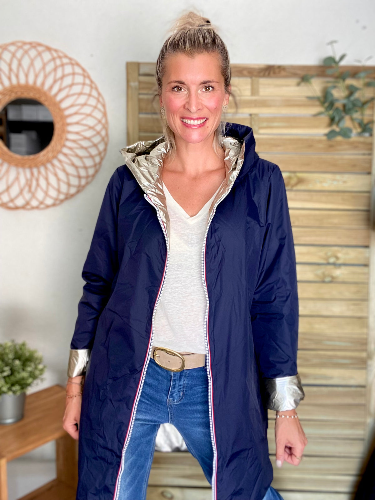 LAURA JO - Imperméable réversible rembourré LOUISON LONG - Marine/Doré