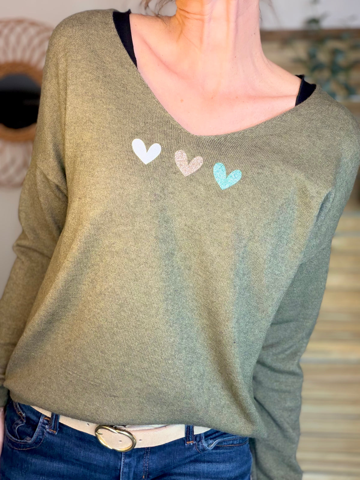 Pull fin 3 cœurs 💛 BERTILLE - Kaki - FIN DE SÉRIE