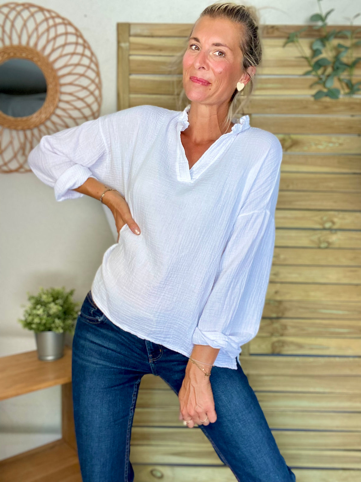 Blouse en gaze de coton SIERRA Blanche - manches longues • FIN DE SÉRIE