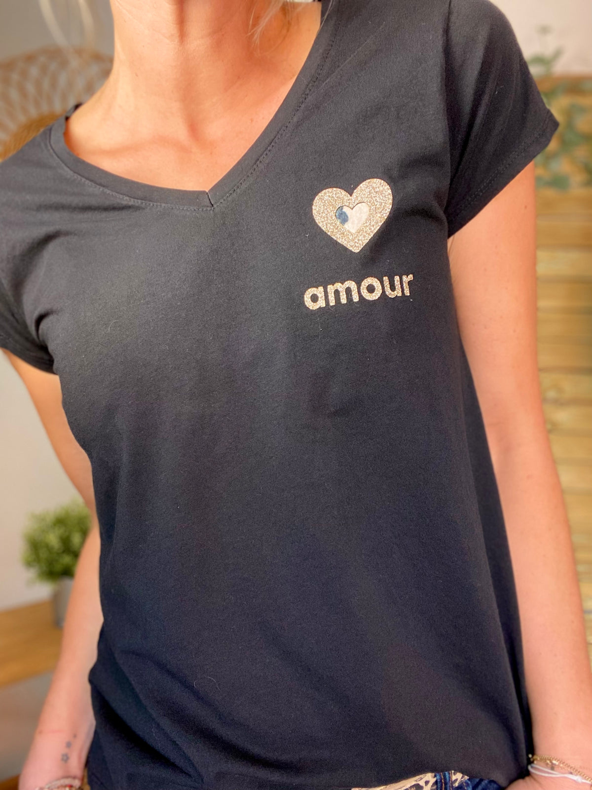 Tee shirt Coeur doré et léo amour 💛🐆 NINA Noir • FIN DE SÉRIE
