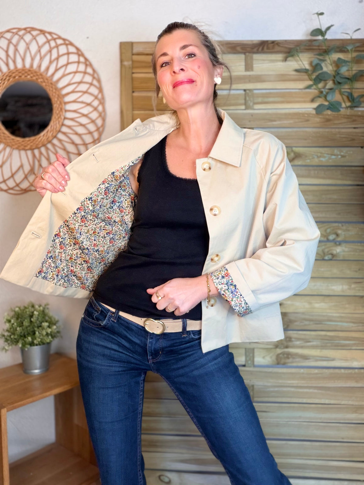 Veste Trench en coton beige avec Liberty - MARION (Taille 2 ans à la Taille XL)
