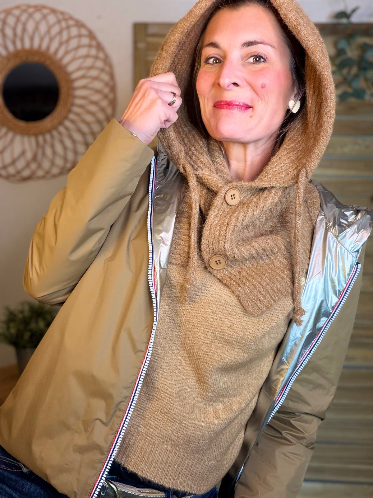 Col cagoule LORIE en maille avec boutons - Camel