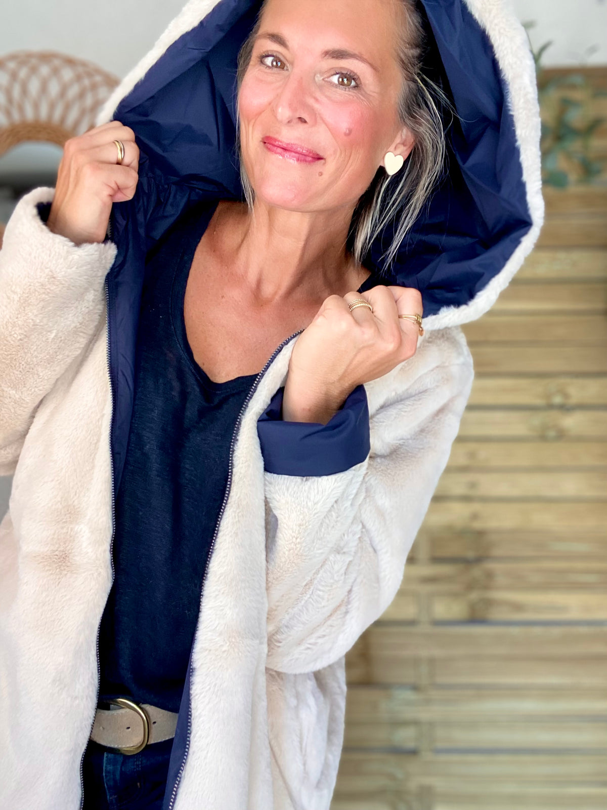 LAURA JO - Parka Imperméable réversible fourrée Bleu marine / Beige ALIX Long