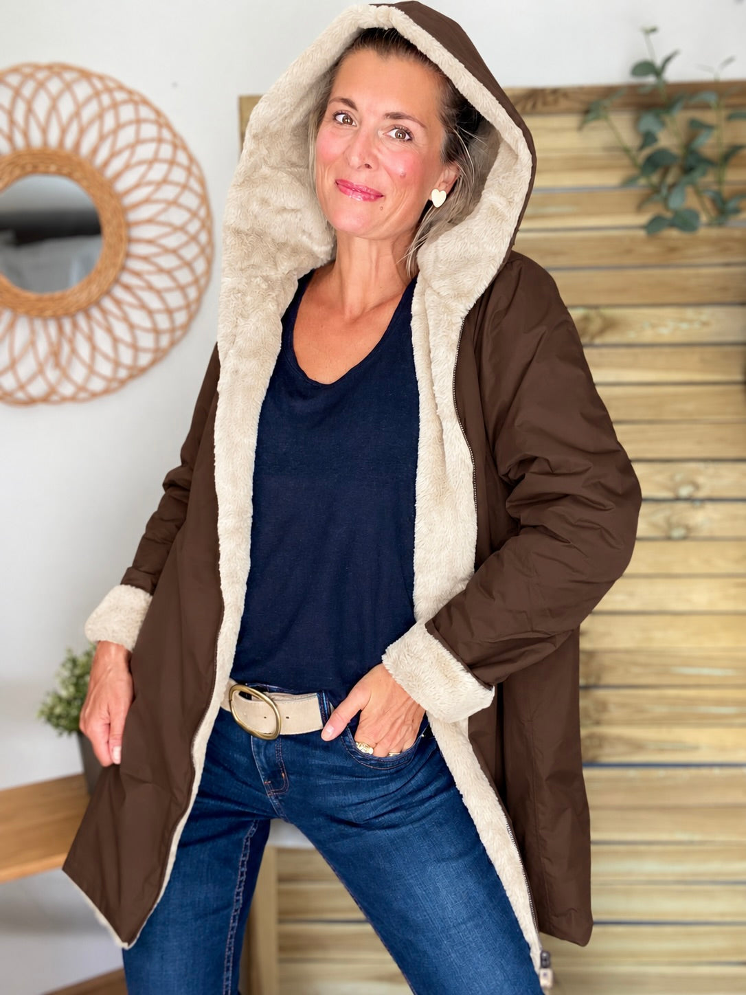 LAURA JO - Parka Imperméable réversible fourrée Chocolat ALIX Long