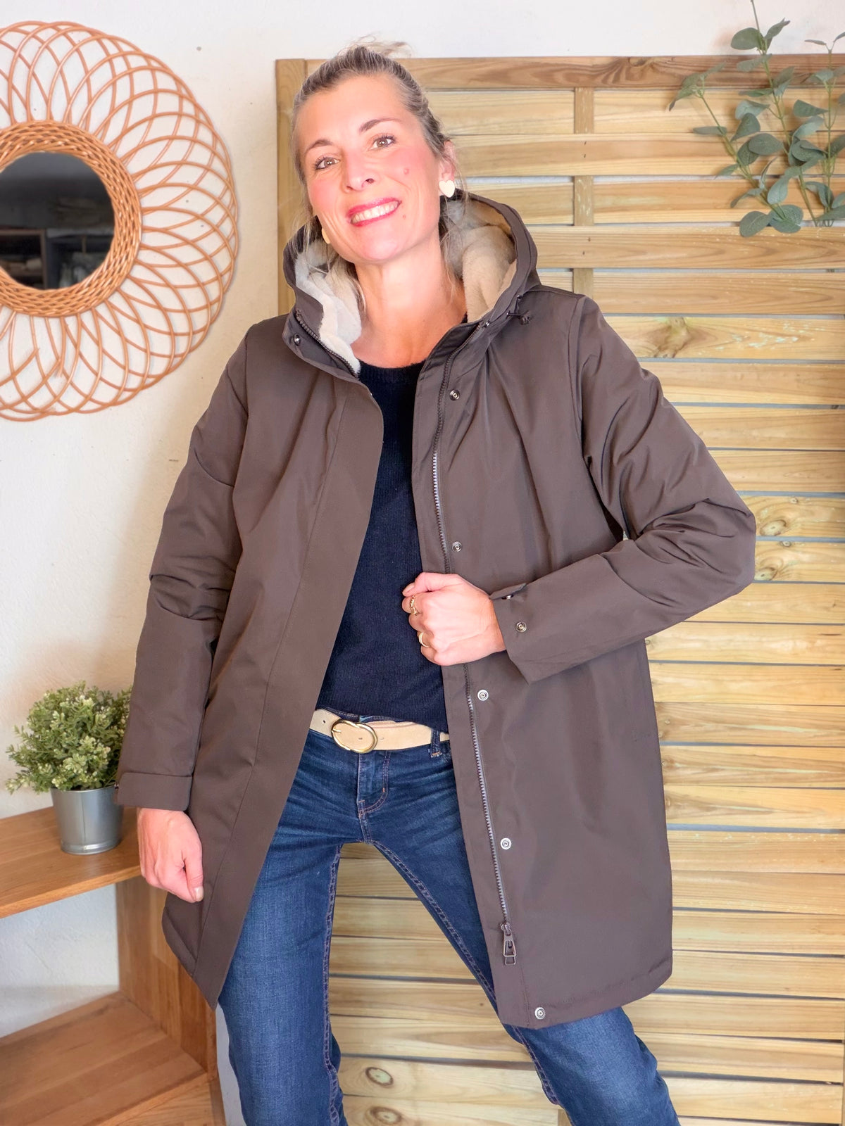 LAURA JO - Parka fourrée imperméable AMBRE LONG - Chocolat / Beige