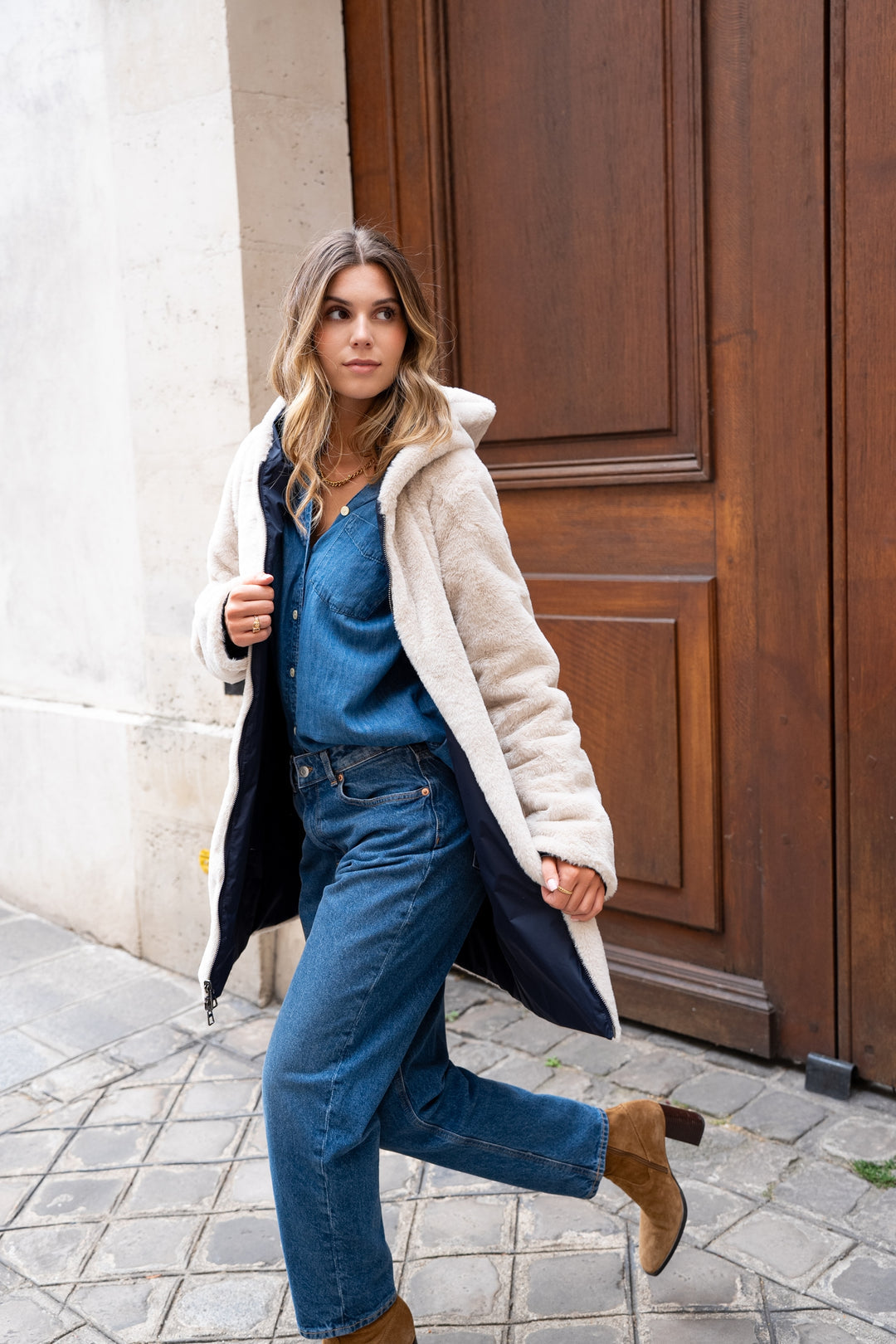 LAURA JO - Parka Imperméable réversible fourrée Bleu marine / Beige ALIX Long