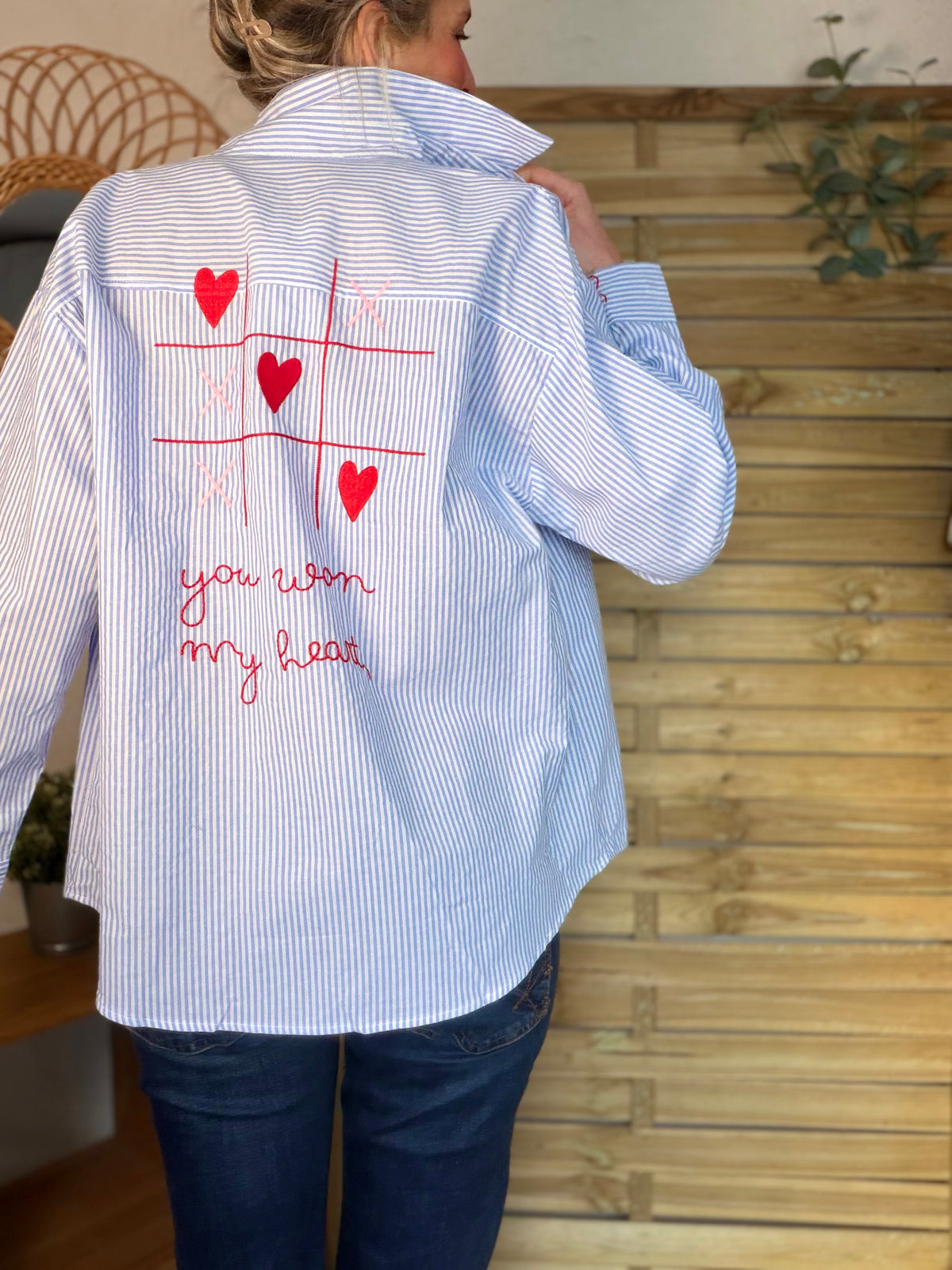 Chemise bleue rayée brodée YOU WON MY HEART ❤️ MAUREEN - FIN DE SÉRIE