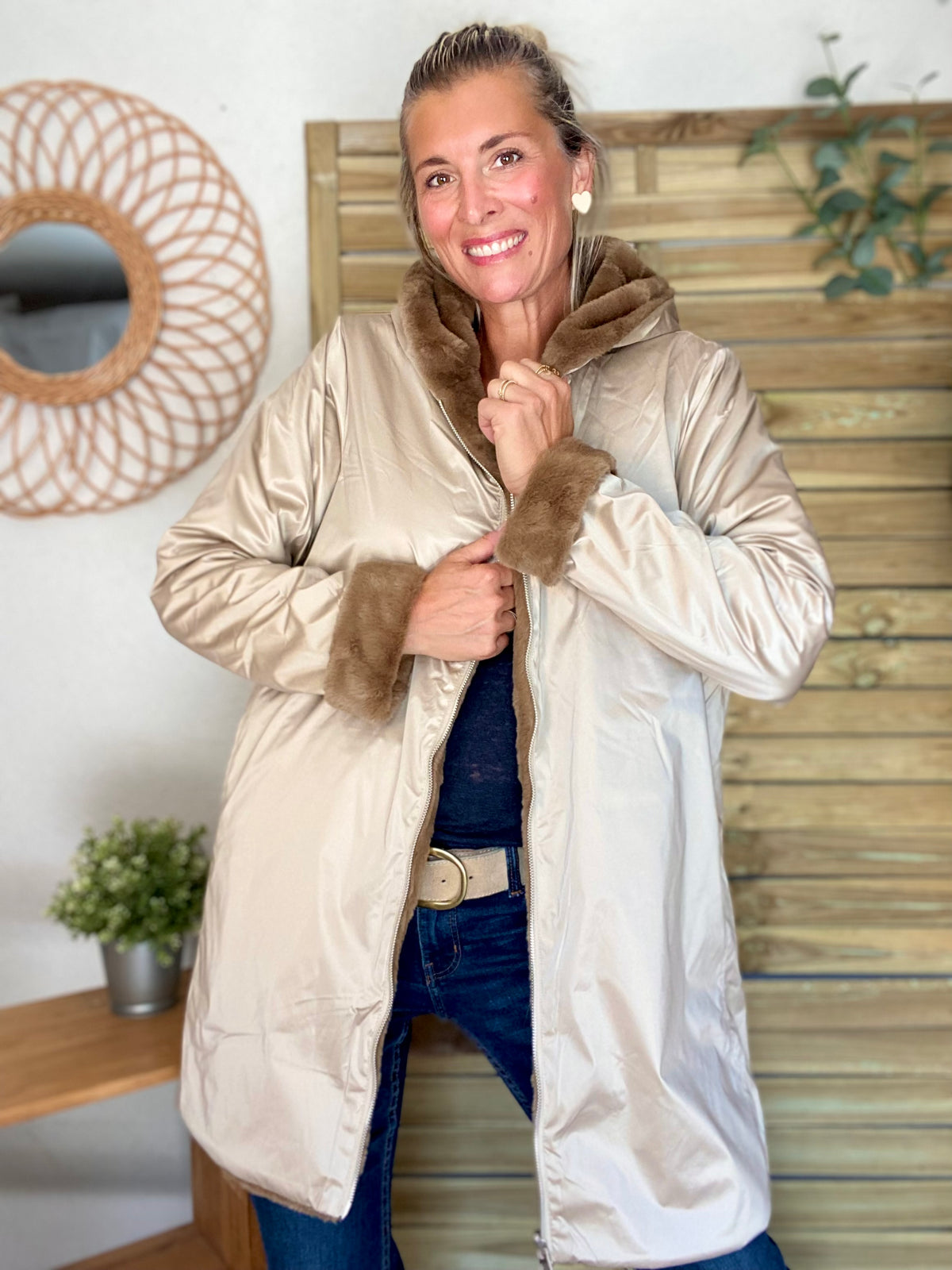 LAURA JO - Parka Imperméable réversible fourrée Sable irisé / Camel ALIX Long