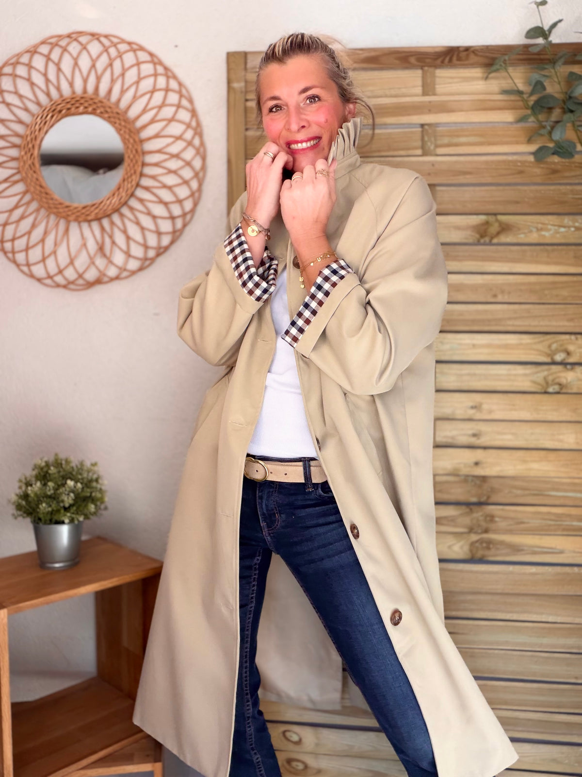 Veste Trench col victorien, revers carreaux - VICKY LONG Beige