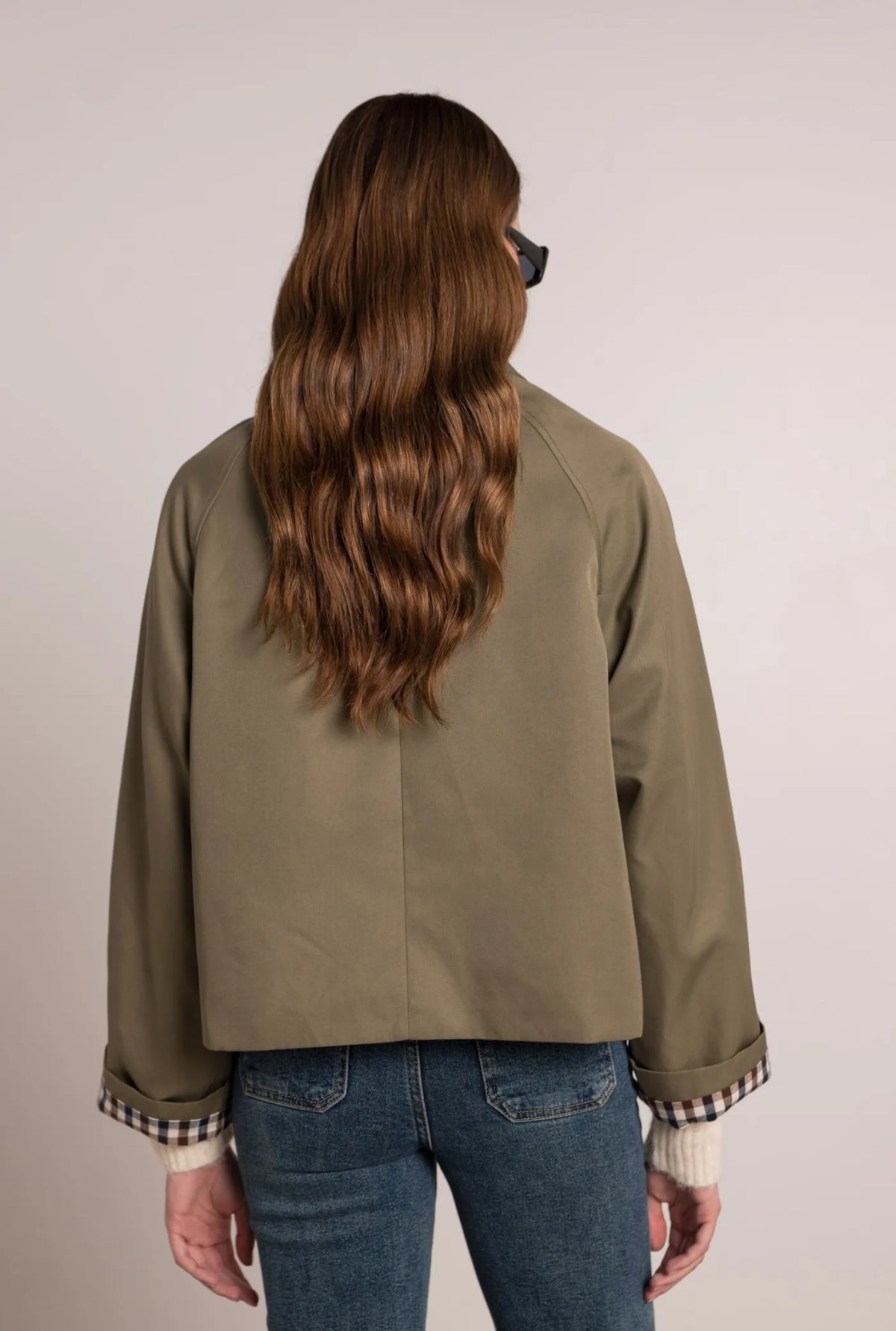 Veste Trench en coton, revers carreaux - YSEULT court Kaki