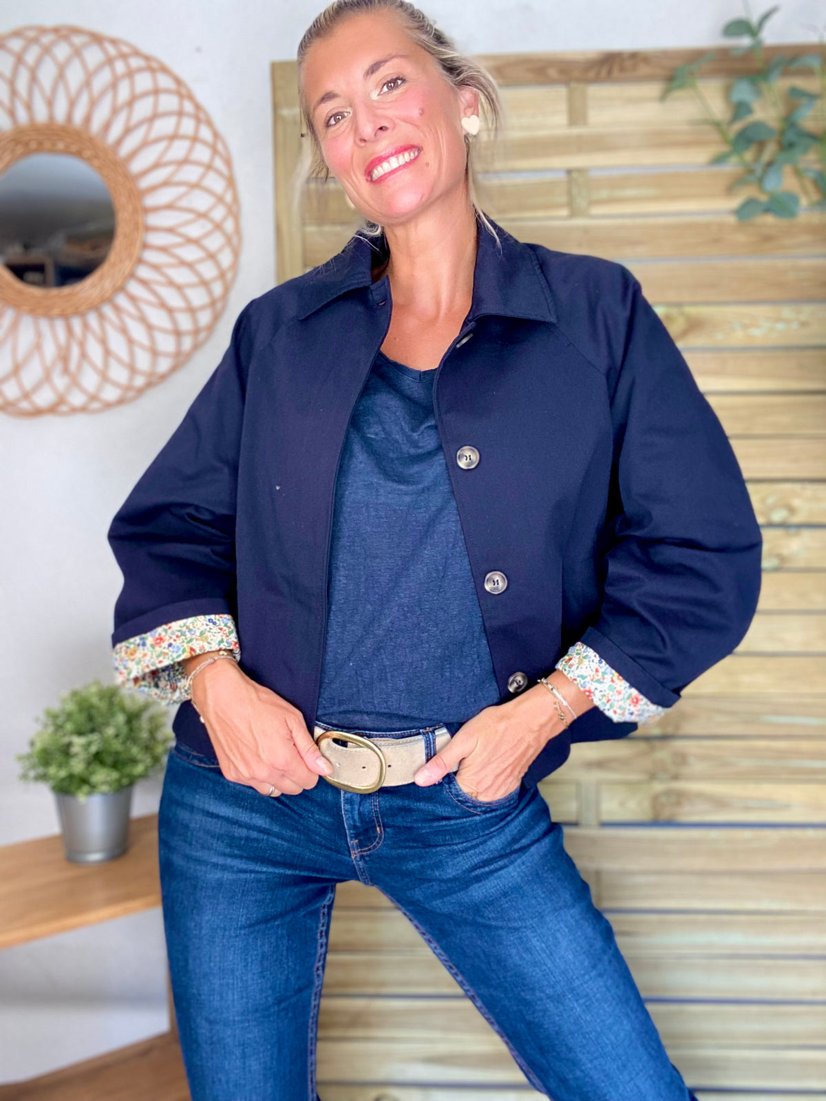 Veste Trench en coton bleu marine avec Liberty - MAHAUT- LILI et LALA