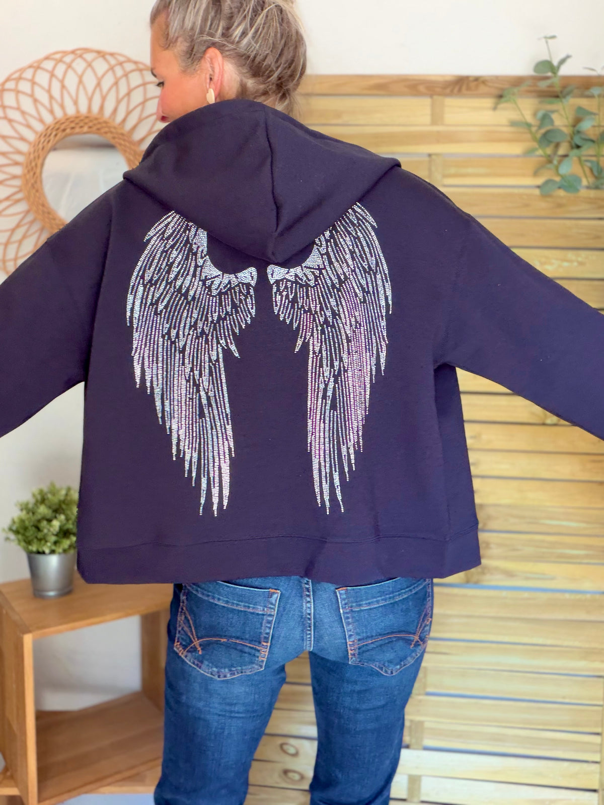 Hoodie sweat gilet strass (ailes)  CLOTHILDE - Bleu marine