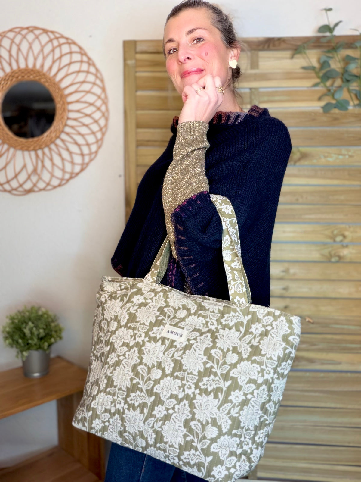 Sac cabas imprimé PIERCE - fleuri Kaki - FIN DE SÉRIE