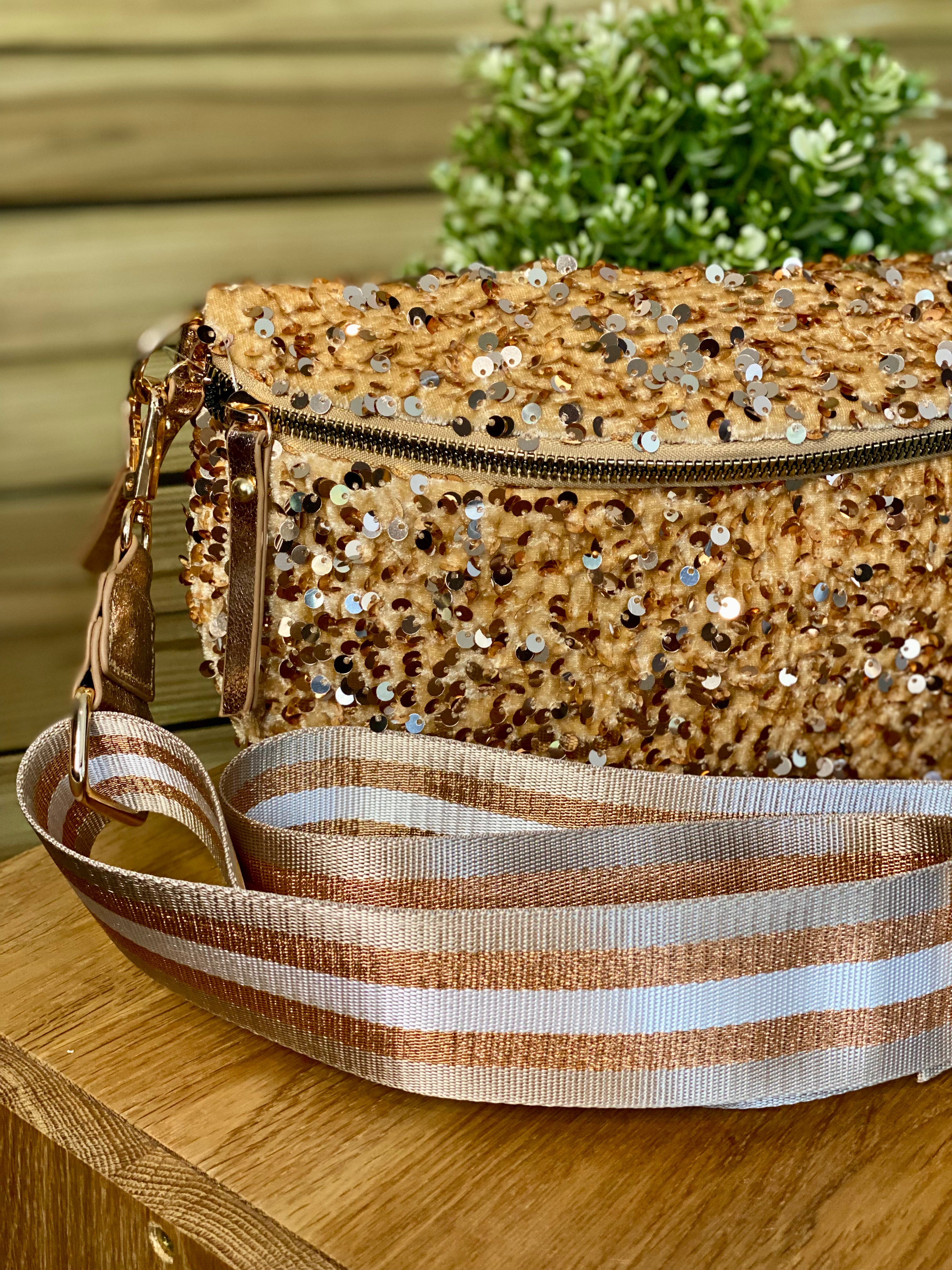 Sac banane L à sequins 30cm et sangle fantaisie - ROXY - Doré