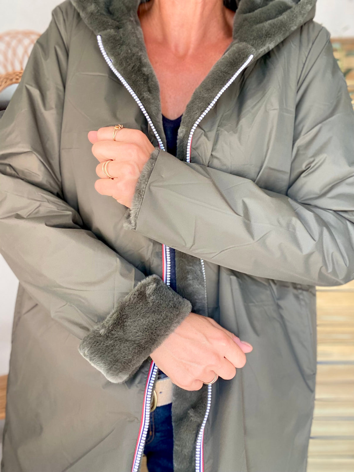 LAURA JO - Parka Imperméable réversible fourrée Kaki / Kaki ALIX Long • DÉSTOCKAGE sur Taille S