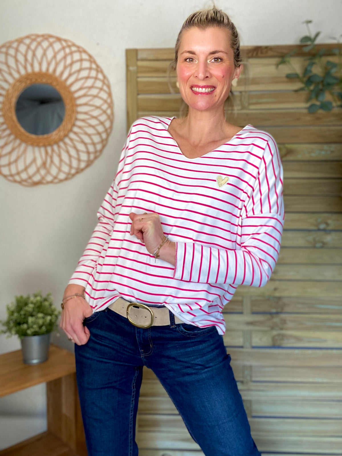 Pull fin rayé col V avec ou sans coeur doré 💛 NOLWENN - Rose fuschia