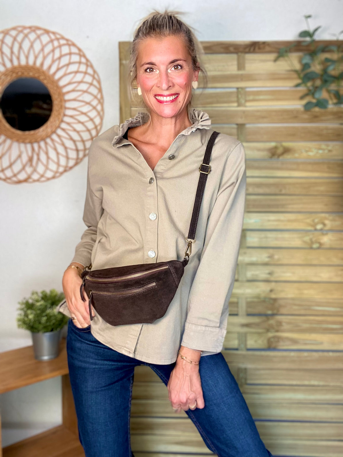 Sac banane double poche en cuir daim - OPALINE - Chocolat
