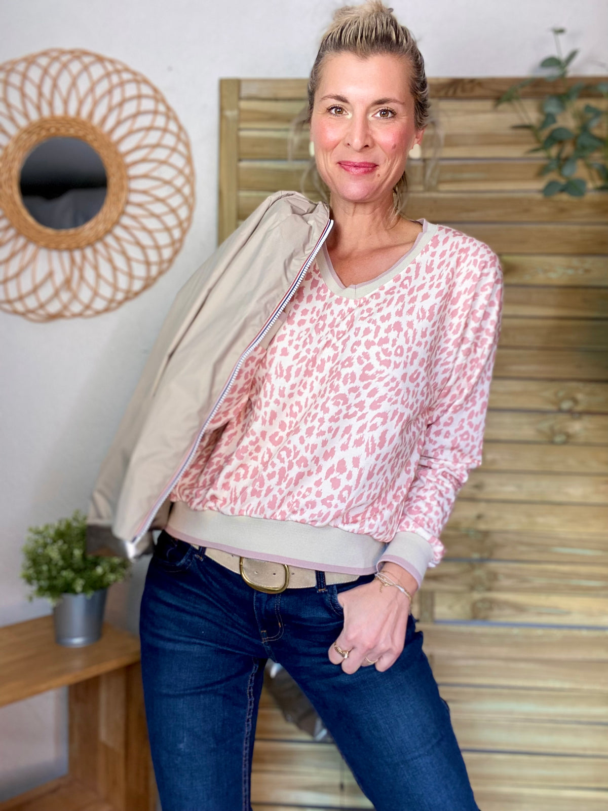 Sweat imprimé Léo 🐆 AMANDINE - Rose dragée