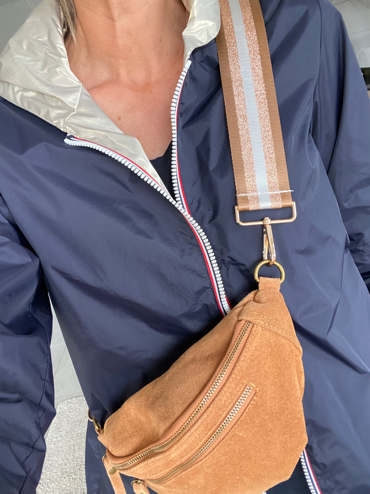 Sac banane double poche en cuir daim - OPALINE - Camel