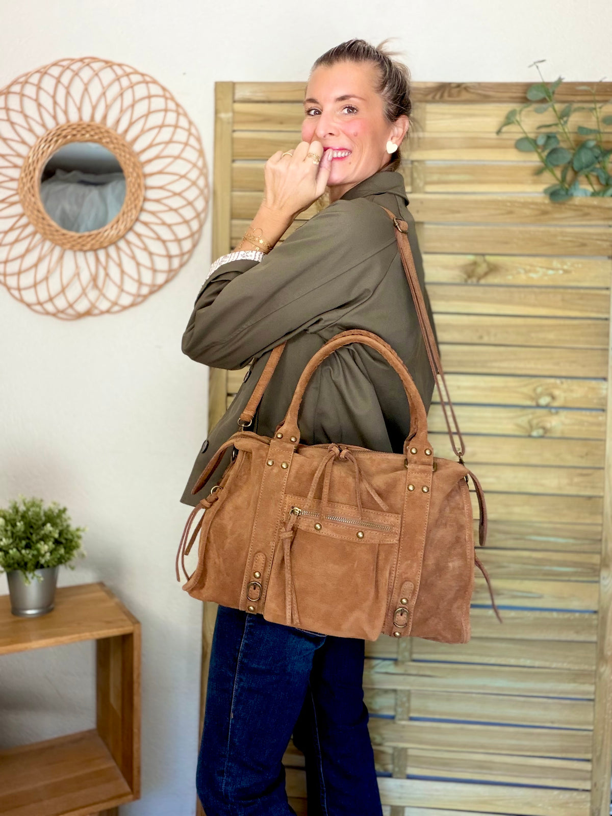 Sac cabas XL en cuir daim • HUNTER Camel