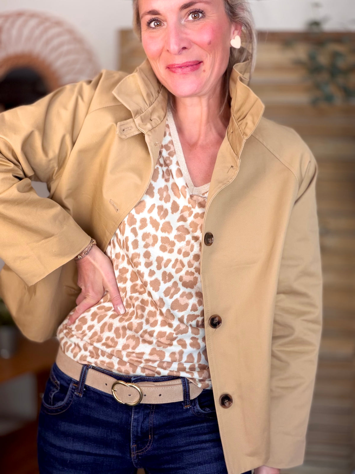Top imprimé Léo col V lurex MIRTA - Camel