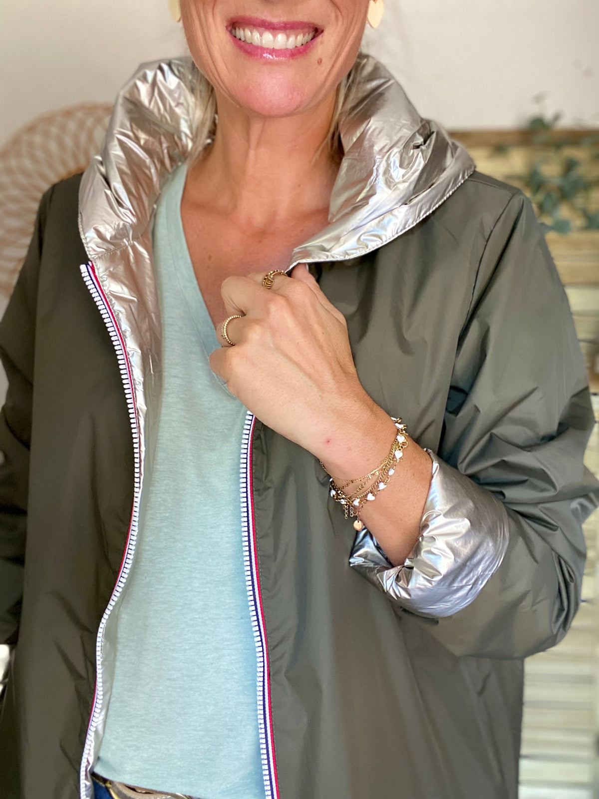 LAURA JO - Imperméable réversible rembourré LOUISON LONG - Kaki/Doré
